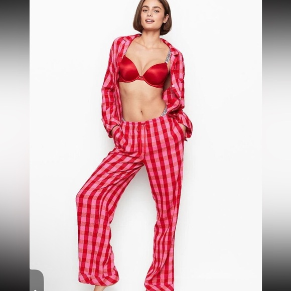 Victoria’s Secret plaid flannel top & pants pj set pink red large - Picture 1 of 5